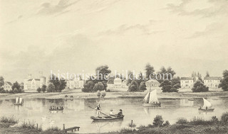 Blick über die Aussenalster zu den Landhäusern / Villen am Harvestehuder Weg in Hamburg Harvestehude, ca. 1850.