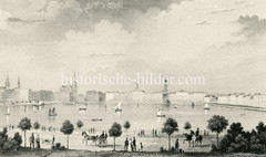 Historisches Panorama der Hamburger Binnenalster  - Blick zum Jungfernstieg und Kirchtürme der Hansestadt (ca. 1850) .