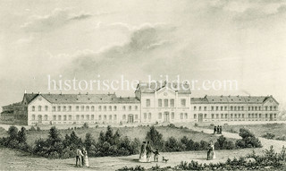 Historisches Bild vom neuen Werk- und Armenhaus an der Finkenau in Hamburg Uhlenhorst, ca. 1860.  Das Werk- und Armenhaus hat obdachlosen Armen eine Unterkunft geboten; darüber hinaus ware es eine „Korrektionsanstalt“, in der „Sittenlose“, „Arbei