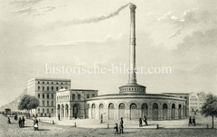 Historische Ansicht der Wasch- und Badeanstalt am Hamburger Schweinemarkt bei der Steinstrasse in der Altstadt Hamburgs. Die erste Warmbadeanstalt Europas wurde 1855 eröffnet - es gab 32 Badewannen für Männer + 16 für Frauen.