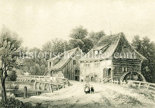 Historische Ansicht der Wohldorfer Mühle im heutigen Stadtteil Hamburg Wohldorf-Ohlstedt; ca. 1860 - die Mühle war eine sogen. Zwangsmühle, d. h. die Bauern der umliegenden Gegend durften nur in dieser Mühle ihr Getreide mahlen lassen.