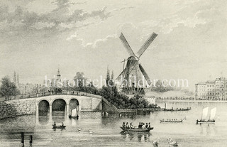 Blick vom Neuen Jungfernstieg auf die Binnenalster, die Lombardsbrücke mit Windmühle (ca. 1850).