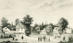 Altes Darstellung vom Rettungsdorf Rauhes Haus im Hamburger Stadtteil Horn. Die Stiftung wurde 1833 von Johann Hinrich Wichern zusammen mit Hamburger Bürgern gegründet. Ursprünglich hatte sie den Zweck, ein Rettungsdorf für verhaltensauffällige o