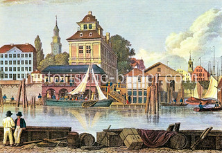 Historische Ansicht aus dem Hamburger Hafen 1818 - Blick auf den Baumwall.