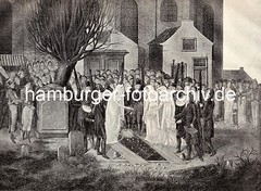 Historische Darstellung Begräbnis des Dichters Friedrich Gottlieb Klopstock. Der Sarg wird unter grosser Teilnahme ins Grab gesenkt.