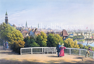 Historischer Blick vom Stintfang auf das Panorama der Hansestadt Hamburg.