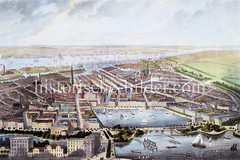 Historisches Panorama / Luftdarstellung der Hamburger Innenstadt um 1870; Blick auf die Alster und die Kirchen der Stadt. Im Hintergrund die Hafenanlagen und die Elbe mit Schiffen.