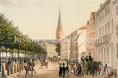 Hamburgs Jungfernstieg um 1830; Pferdekutschen, Reiter und FußgänerInnen - im Hintergrund die Petrikirche.