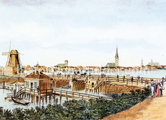 Altes Motiv von der Hamburger Lombardsbrücke 1810; Bootsanleger und Windmühle - im Hintergrund das Panorama der Hansestadt.