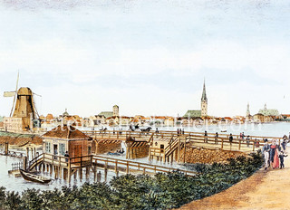 Altes Motiv von der Hamburger Lombardsbrücke 1810; Bootsanleger und Windmühle - im Hintergrund das Panorama der Hansestadt.