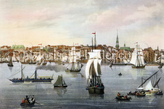 Blick über die Elbe nach Altona, ca. 1845 - Panorama des Elbufers - Segelschiffe, Frachtsegler  - Ruderboote und ein Raddampfer fahren auf dem Fluß; re. der Kirchturm der Trinitatis-Kirche.