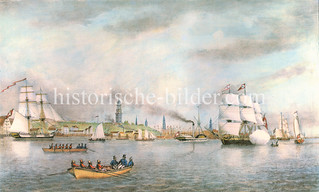 Historisches Panorama von der Elbe und Hamburg; Ruderboote, Raddampfer und Segelschiffe auf dem Wasser.