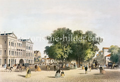 Historische Darstellung des ersten Altonaer Bahnhofs, ca. 1845 - Blick in die Palmaille.