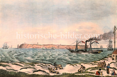 Historischen Ansicht der Insel Helgoland in der Nordsee. Blick von der Sandinsel / Dühne auf die Insel. Die ursprünglich größere Insel zerbrach 1721; seitdem existiert die als Düne bezeichnete Nebeninsel.