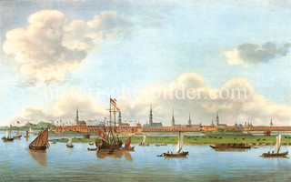 Panorama der Hansestadt Hamburg um 1700 - Schiffe auf der Elbe, Türme der Stadt.