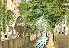Altes Bild vom Rödingsmarkt in der Hamburger Altstadt - Blick auf das Rödingsmarktfleet und die Winden, ca. 1842.