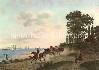 Elbstrand bei Hamburg Nienstedten - Kutsche und Reiter, Segelschiffe und Raddampfer auf der Elbe.