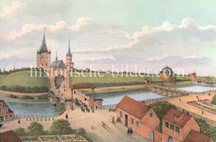 Alte Ansicht von der Hamburger Stadtbefestigung um 1600 - Blick über den Stadtgraben zum Düsterntor / Millerntor.