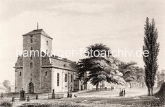 Historische Ansicht der Ottensener Christianskirche. Damen mit Sonnenschirm gehen spazieren, ein Kind spielt mit einem Hund. Rechts vom Kirchengebäude das Grab Klopstocks - Personen stehen davor.