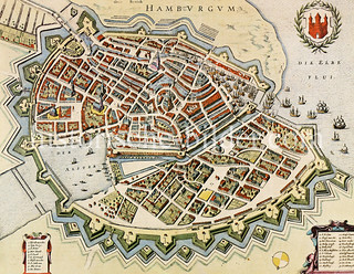 Historische Karte der Hansestadt Hamburg von 1643 - Blick auf die Hamburger Stadtbefestigung und den Hafen.