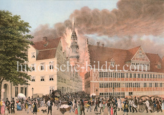 Hamburger Brand 1842 - Blick über die Mühlenbrücke auf die brennende Nikolaikirche. Der Große Brand verwüstete mehr als ein Viertel des damaligen Stadtgebietes. 51 Menschen kamen ums Leben.