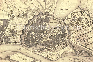 Historische Karte der Hansestadt Hamburg vor dem Großen Brand 1842; Blick auf die Hamburger Altstadt und die alten Hafenanlagen.