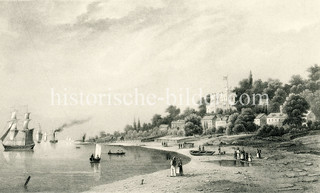 Historische Ansicht der Elbe bei Hamburg Nienstedten - Segelschiffe, Dampfer und Ruderboote auf dem Fluss - Spaziergänger am Strand. Am Elbhang liegt die Schillerburg,  neugotisches Landhaus - errichtet um 1845, Entwurf George Gilles.