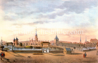 Blick vom Kehrwieder über die Brooksbrücke zur Stadtbefestigung und den Kirchtürmen Hamburgs, ca. 1590.