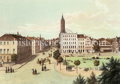 Blick in die Steinstraße um 1846; re. der Schweinemarkt, im Hintergrund der Kirchturm der St. Jacobi-Kirche.