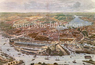 Historische Ansicht - Hansestadt Hamburg aus der Luft, ca. 1880 - Blick auf den Grasbrookhafen, Sandtorhafen und Magdeburger Hafen - Im Hintergrund die Hamburger Altstadt / Neustadt und Alster.