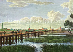 Historische Ansicht der ehem. sogenannten Franzosenbrücke über die Elbe. Die Brücke entstand während der französischen Besatzung Hamburgs 1813/14. Die vier Kilometer lange Brücke wurde dann an der Elbe durch Ziehfähren ergänzt.
