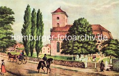 Historisches Motiv der Christianskirche, ca. 1835. Ein Paar sitzt in einer leichten Pferdedroschke; ein Reiter mit Zylinder reitet Richtung Palmaille. Unter der Linde ist das eingezäunte Grab Klopstocks zu erkennen.