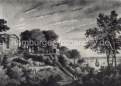 Altes Bild der Rainvilleterrasse. Etablissement Rainville mit Blick auf die Elbe - Segelschiffe liegen am Ufer. Auf den Wegen am Elbhang lustwandeln Herren mit ihren Damen zwischen den Bäumen mit Blick auf die Elbe. Segelschiffe und ein Dampfer fah