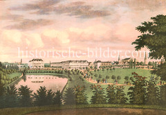 Alte Darstellung vom Hamburger Botanischen Garten, den ehem. Wallanlagen  Hamburgs - im Hintergrund die Esplanade.
