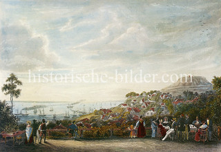 Blick von Sagebiehls Fährhaus auf die Elbe und Hamburg Blankenese, ca. 1835.