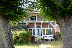 Neuengamme  ist ein Hamburger Stadtteil im Elbmarsch-Gebiet der Vierlande im Bezirk Bergedorf. Historische Architektur in der Straße Achter de Wisch; Wohnhaus mit Reet gedeckt, errichtet 1440 - Linden an der Straße.