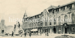 Historische Ansicht vom Stuhlmannbrunnen und dem Hotel Kaiserhof in Altona; im Hintergrund das Empfangsgebäude vom Altonaer Bahnhof.