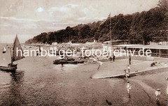 Historisches Bild von Oevelgoenne - Kinder im Wasser, Bootsvermietung - Segelboot.