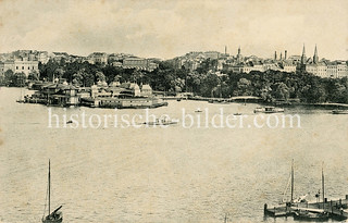 Altes Bild von der Hamburger Aussenalster bei der Lombardsbrücke - Blick auf die öffentliche Badeanstalt Alterlust.