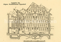 Historische Aufnahmen vom Eppendorfer Krankenhaus in  Hamburg; Lageplan der Krankenhausanlage.