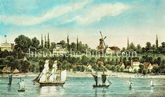 Historische Ansicht der Elbe bei Hamburg Neumüheln  - Segelschiffe auf dem Wasser, Windmühle.
