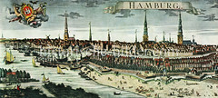 Historische Ansicht Hamburgs 1730 - Panorama der Stadtbefestigung und der Hafenanlagen; Bebauung auf dem Kehrwieder.