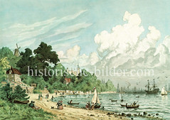 Historische Ansicht bei Neumühlen, Oevelgönne / Altona - Elbstrand und Boote, im Hintergrund der Mastenwald des Hafens; Windmühle und Donnerschloss. (ca. 1875)