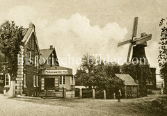 Historische Ansicht von der Gaststätte Finkenwärder Hof in Hamburg Finkenwerder; re. eine Windmühle.