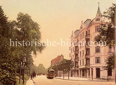 Historische Bilder aus dem Hamburger Stadtteil Borgfelde; Straßenbahnen und Pferdefuhrwerke in der Borgfelder Str. - re. der Grevenweg.