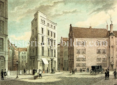 Historische Straßenszene in der Hamburger Altstadt, Börsenbrücke - lks. das Börsenbrückenfleet, daneben ein spitzwinkeliges Geschäftshaus/Kontorhaus. (ca. 1850)