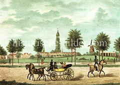 Blick vom Hamburger Berg in St. Pauli zur Elbhöhe mit Windmühle, dahinter die Sankt Michaeliskirche. (ca. 1830)