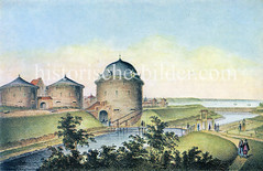 Historische Ansicht der Hamburger Stadtbefestigung um 1600; Wassergraben und Spitaler Tor.