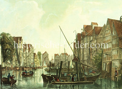 Boote auf dem Alsterfleet in der Hamburger Alstadt um 1840.