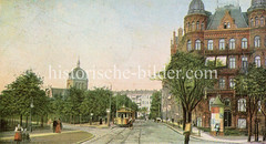 Historische Bilder aus dem Hamburger Stadtteil Borgfelde; Straßenbahn in der Wallstraße - im Hintergrund die Erlöserkirche.